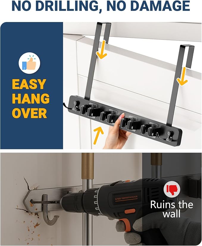 Lorbro Broom Holder Door Mount, Over the Door Broom and Mop Holder with 2 Over Door Hooks, Wood Broom Hanger, Tool Rack Organizer for Laundry, Garage, Closet, Kitchen Decor, 4 Slots & 4 Hooks Rustic - Image 2