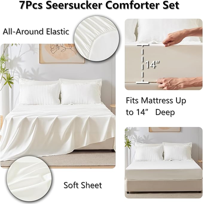 CozyLux Queen Comforter Set Ivory Seersucker 7 Pieces Bed in a Bag Queen Comforter Set with Sheets, Luxury Soft Bedding Sets with Down Alternative Comforter, Sheets, Pillowcases & Shams for All Season
