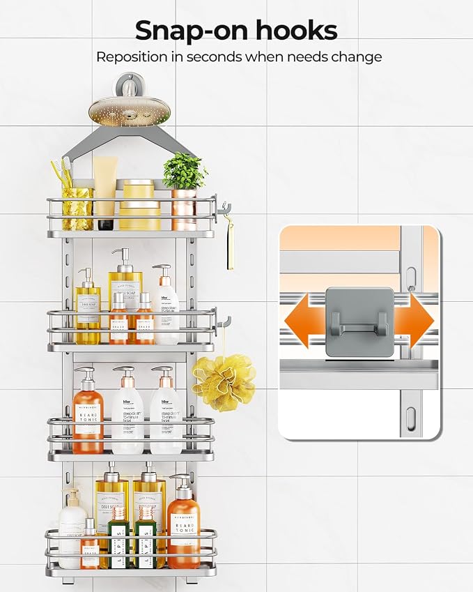 ODesign 4 Tier Height-Adjustable Shower Caddy Hanging Anti-Swing-Over The Shower Head Caddy- Storage Organizer Bathroom Shelves Basket Caddies-Silver - Image 8