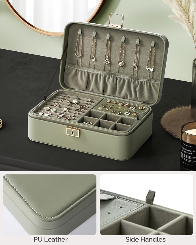 Jewelry Box, 2-Layer Jewelry Holder Organizer with Lock, Removable Jewelry Tray for Earrings Necklaces Bracelets, Green - Image 3