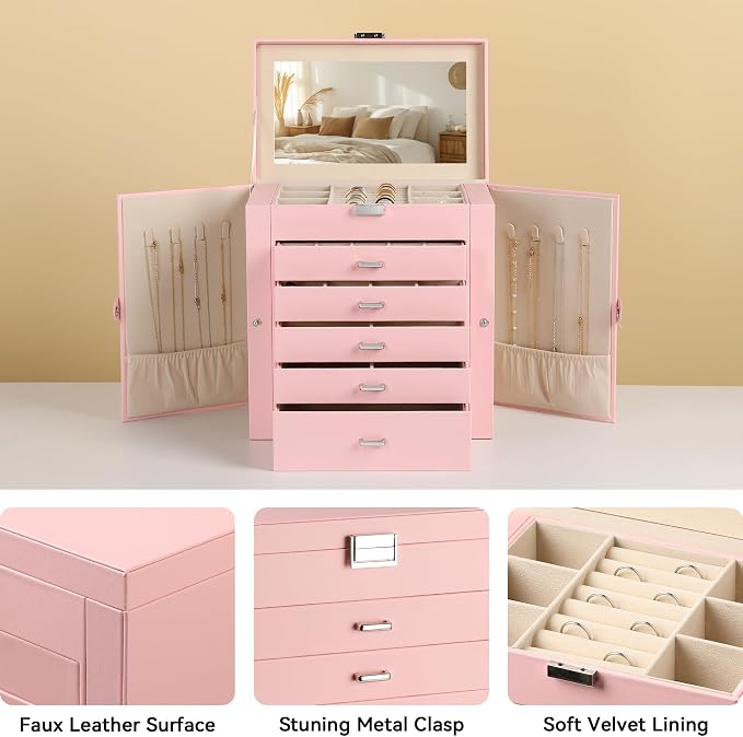 Frebeauty Large Jewelry Box,6-Tier PU Leather Jewelry Organizer,Multi-functional Storage Case with Mirror,Accessories Holder with 5 Drawers for Necklace Bracelets Watches(Pink) - Image 4