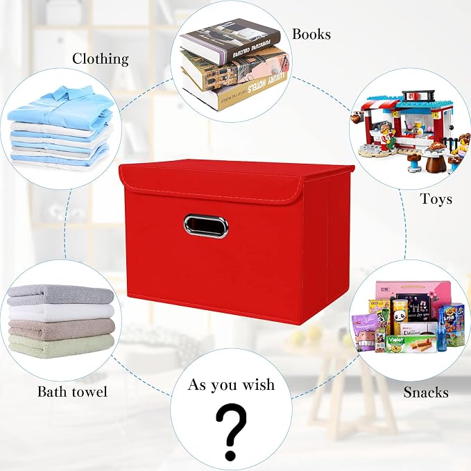 STOREONE Fabric Storage Cube Bins Foldable Organizer Container Collapsible Basket with Lids and Metal Handles, for Home, Bedroom, Closet 8 Pcs (Red) - Image 3