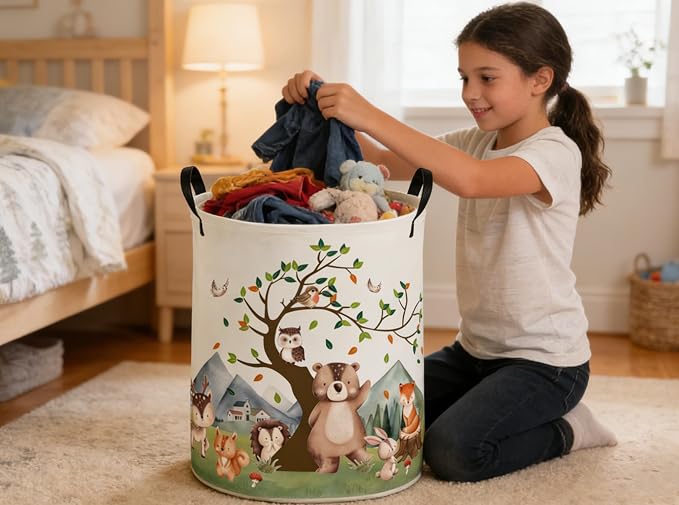 Kids Laundry Basket Animal Hamper for Nursery Woodland Hamper Cute Kids Storage Bin Organizer Room Decor for Home(Tree animal) - Image 3