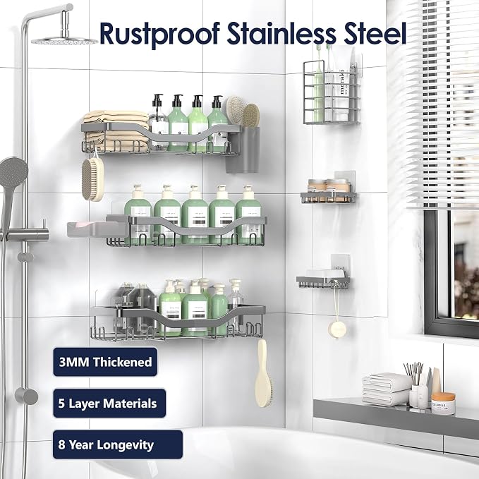 NESOMI Shower Caddy Adhesive Shower Organizer 8-Pack, Rustproof Stainless Steel Bathroom Shelves, Large Capacity No-Drill Rack Storage Accessories with Soap Dish Toothbrush Holder Hooks - Image 5