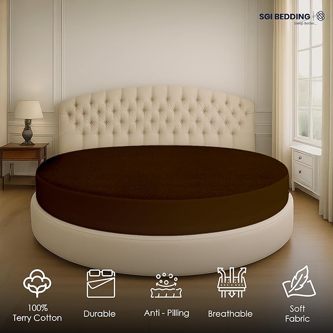 SGI bedding Waterproof Round Mattress Protector 76" Diameter– 15" Deep Pocket Fitted Style Terry Cotton Mattress Pad Cover, Soft, Breathable & Noiseless, Spills & Stains Bed Protection – Chocolate