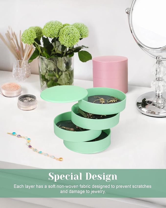 CONBOLA Jewelry Organizer, Small Jewelry Storage Box Earring Holder for Women, 4-Layer Rotating Travel Jewelry Tray Case with Lid for Bracelets Rings Bracelets - Image 3