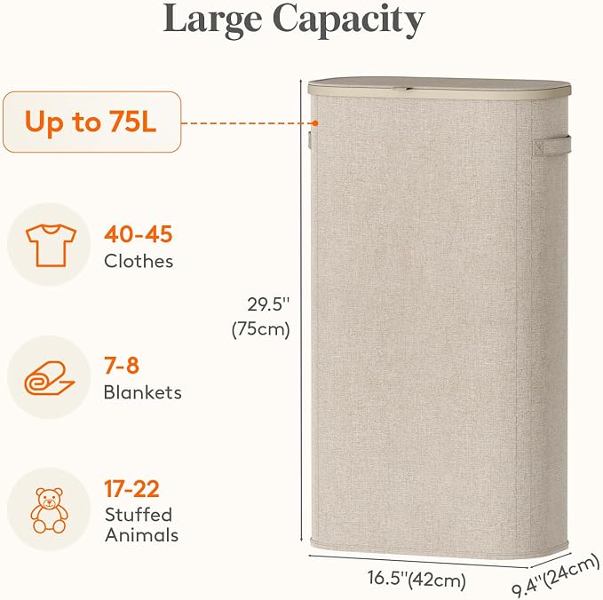 Lifewit Slim Laundry Basket with Lid, Narrow Large Laundry Hamper with Plastic Handles and Removable Bag, Tall Foldable Dirty Clothes Hampers for Laundry Room, Bedroom, Bathroom, Dorm, 75L Beige - Image 3