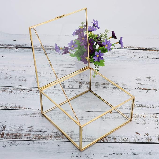 Hipiwe Vintage Glass Jewelry Organizer Box - Golden Metal Keepsake Box Desktop Jewelry Organizer Holder Wedding Birthday Gift Square Vanity Decorative Box for Dresser,6.3"x 6.3"x 3.35" - Image 3