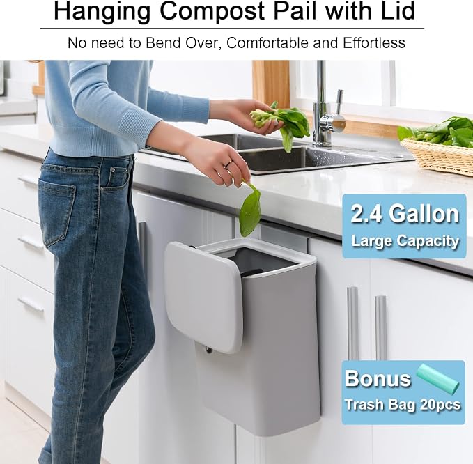 Tiyafuro 2.4 Gallon Kitchen Compost Bin for Counter Top or Under Sink, Hanging Small Trash Can with Lid for Cupboard/Bathroom/Bedroom/Office/Camping, Mountable Indoor Compost Bucket, Gray - Image 2