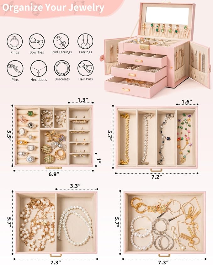 AKOZLIN Large 4-Tier Jewelry Box Leather Jewelry Storage Organizer with 3 Drawers Lockable for Women Girls Ring Necklace Earring Bracelet Watches Holder with Mirror Pink - Image 3