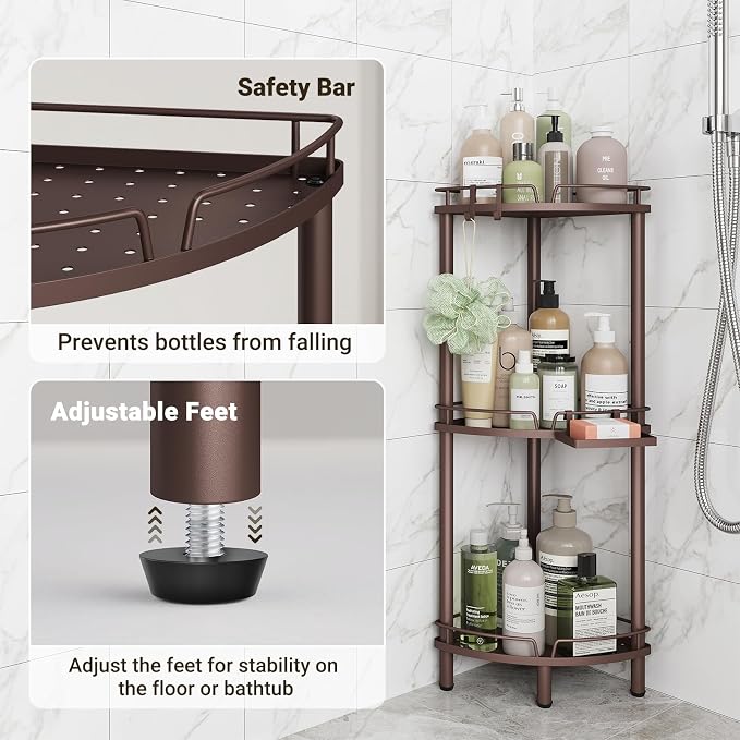 ELYKEN Corner Shower Caddy Standing, 3 Tier Rustproof Metal Shower Organizer with Soap Holder, Floor Shower Corner Shelf Rack Storage Stands with Adjustable Feet & 2 Hooks for Bathroom, Bronze - Image 6
