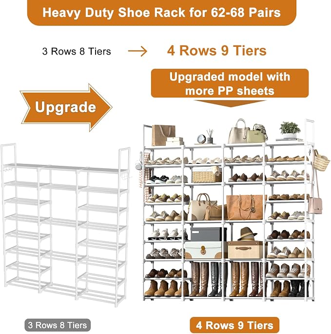 WOWLIVE 4 Row 9 Tiers Extra Large Shoe Rack Big Tall Metal Shoe Shelf, Heavy Duty Organizer for Closet Entryway, Boot Rack Storage Stackable Stand for Garage White - Image 4