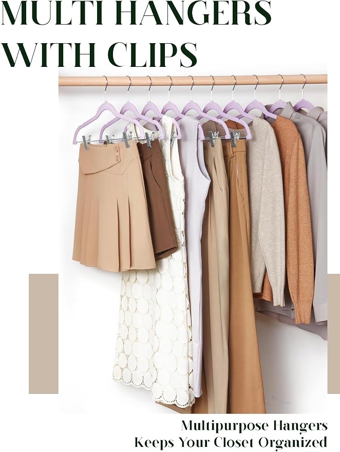 Cozymood Velvet Skirt Hangers 24 Pack, Purple Hangers with Clips Ultra Thin Non Slip Pants Hanger Space Saving Clothes Hanger with Clips for Pants, Skirts, Jeans, Shorts - Image 2