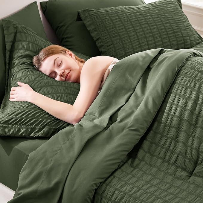 CozyLux Full Size Comforter Sets with Sheets 7 Pieces, Olive Green Seersucker Bed in a Bag Textured Luxury Soft Bedding Sets with Down Alternative Comforter, Sheets, Pillowcases & Shams for All Season