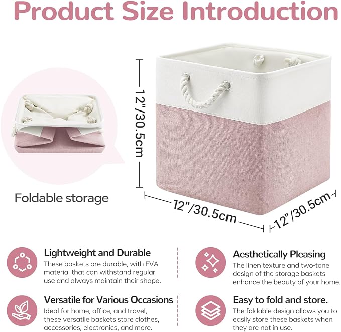 12 x 12 Inch Cube Storage Bins, 4 Pack Fabric Storage Basket with Handles, Foldable Boxes Organizer for Shelf Baskets for Home, Clothes (White/Pink) - Image 5