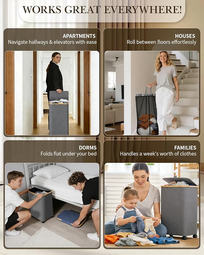 Laundry Hamper with Wheels, 110L Large Clothes Hamper with Removable Inner Bag, Collapsible Dirty Clothes Basket for Dorm, Rolling Dirty Clothes Basket for, Bedroom, Bathroom, Laundry Room - Image 8