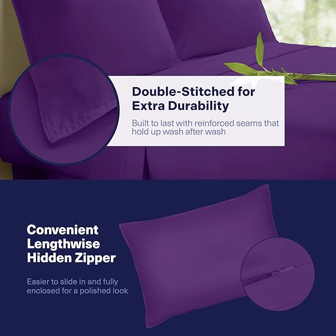 Kickoff Viscose Bamboo Sheets Queen Size 4-pc 100% Organic Bamboo Viscose Bed Cooling Sheets Queen Size Set Cool Bedding for hot Sleepers Sheet, Flat, Fitted, Pillowcases (Purple, Q)
