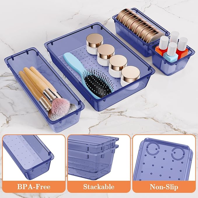 SpaceHacks 25 PCS Plastic Drawer Organizer Set, 4-Size Versatile Organizer Trays & Storage Bins for Makeup, Jewelry, and Gadgets in Bathroom, Bedroom and Office,Dark Blue - Image 3