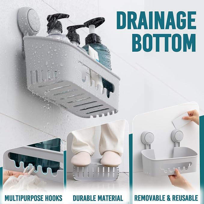 TAILI Shower Caddy Suction Cup 2 Pack, Heavy Duty Bathroom Organizer, Removable Shelves for Inside Shower, Shampoo, Waterproof Suction Plastic Storage for Bathroom Accessories Holder, Gray - Image 3