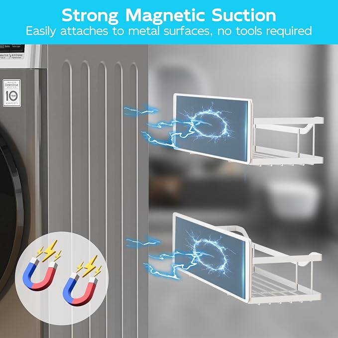 Multifunctional Magnetic Shelf for Washing Machine, Refrigerator, Microwave, and Any Metal Surface, Powerful Magnetic Shelves Include Magnetic Paper Towel Holder, Unique Hollow Design (5 pcs - White) - Image 3
