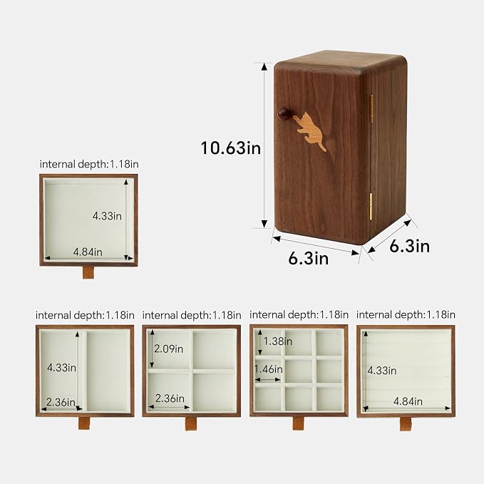 Black Walnut Solid Wood Cabinet Jewelry Box for Women, Large Velvet Lined Organizer with 6 Drawers, Cherry Wood Cat Inlays, Rosewood Handles, Gift for Her - Image 2