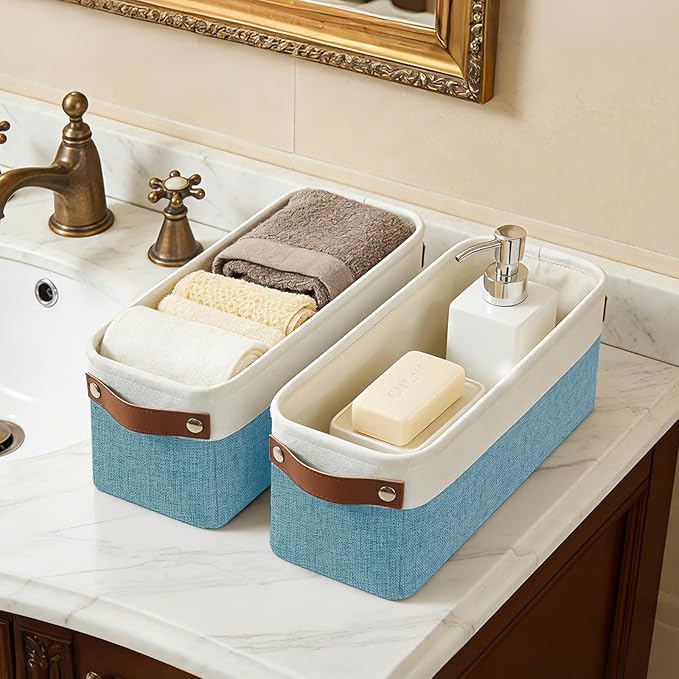 Bagnizer Small Fabric Storage Baskets, 15x6x5 inch Narrow Storage Bins 4-Pack Long Storage Basket for Organizing with Handles, Decorative Basket for Closets, Shelves, Toilet Paper, Teal - Image 2