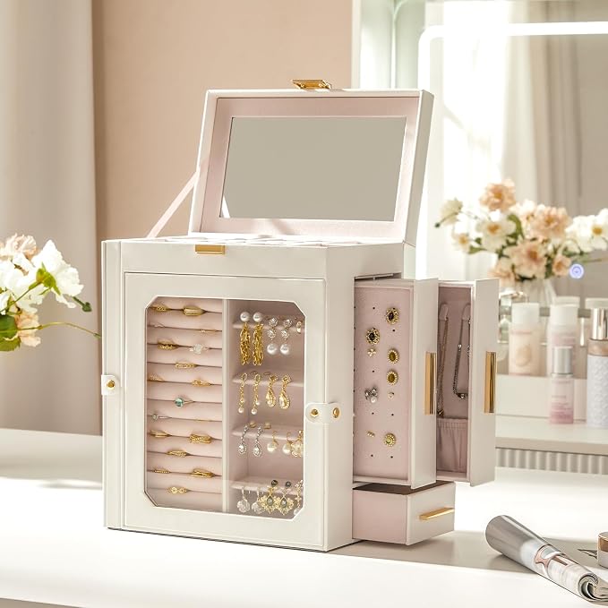HOOBRO Jewelry Box with Mirror, Travel Jewelry Organizer with Glass Window, Jewelry Storage Case, Vertical Storage, Gift for Loved Ones, for Earrings, Rings, Necklaces, Bracelets, White WT03JB04G2 - Image 4