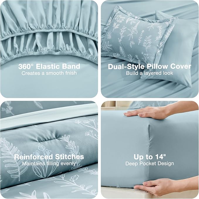 MUXHOMO Mineral Blue Bed in a Bag Queen 7 Pieces, Queen Comforter Set Reversible Botanical Flowers Design, Ultra Soft & Breathable Bedding Sets with Comforter, Sheets, Pillowcases & Shams
