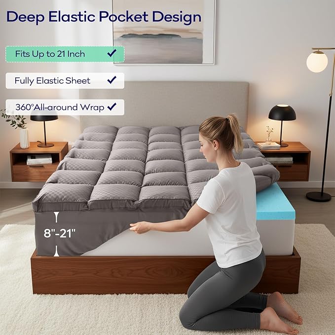 OLANLY Dual-Layer 4 Inch Queen Size Memory Foam Mattress Topper for Back Pain, 2 Inch Cooling Pillow Top Mattress Pad Cover and 2 Inch Gel Memory Foam Topper, Deep Elastic Pocket, Light Grey