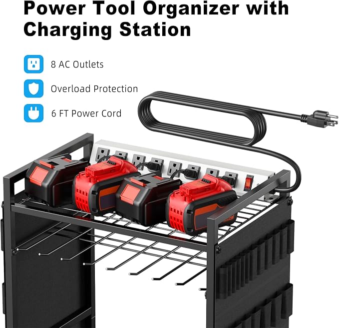 JUNNUJ Large Power Tool Organizer Cart with Charging Station, Garage Floor Standing Rolling Drill and Tools Battery Storage Cart on Wheels, Heavy Duty Rack Shelf with 8 Outlet Power Strip, Black - Image 2