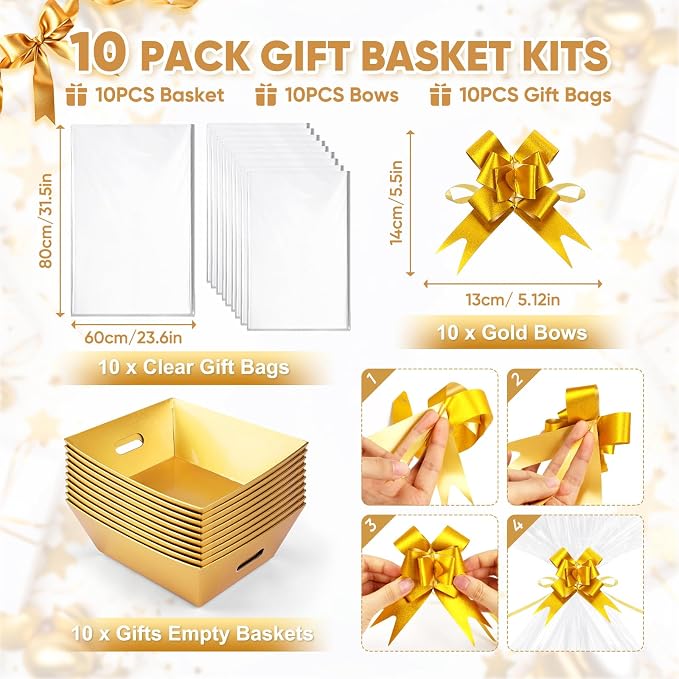AFOROEOA 10PACK Gold Baskets For Gifts Empty, 10x12” Thick Gift Basket with 10 Bows 10 Bags Empty Gift Baskets for Christmas, Valentine’s Day, Easter, Birthdays, Valentine’s Day Wrapping Gift - Image 3