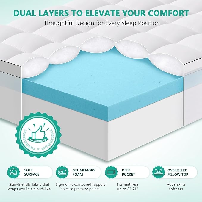 Dual Layer 4 Inch Memory Foam Mattress Topper Queen Size - 2 Inch Cooling Gel Memory Foam Plus 2 Inch Pillow Top Thick Mattress Pad - Pressure-Relieving Comfort