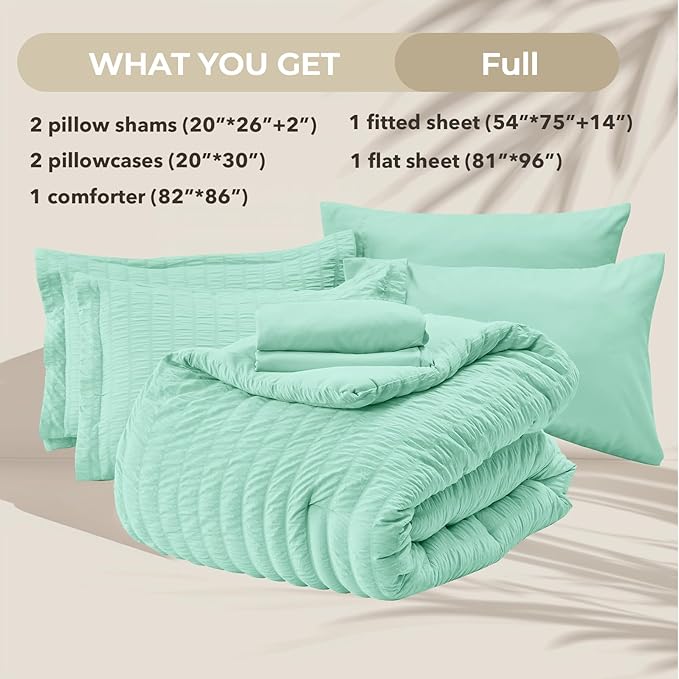 HYMOKEGE Mint Green Full Size Comforter Sets Seersucker 7 Pieces, All Season Luxury Bed in a Bag for Bedroom, Bedding Set with Comforter, Sheets, Pillowcases & Shams