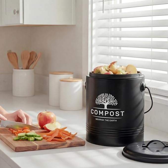 Perfnique Kitchen Compost Bin, 1.3 Gallon Countertop Compost Bin with Lid, Indoor Compost Bucket Includes Inner Bucket Liner and Carbon Filter, Small Compost Bin with Trash Bags (with Bags, Black) - Image 5