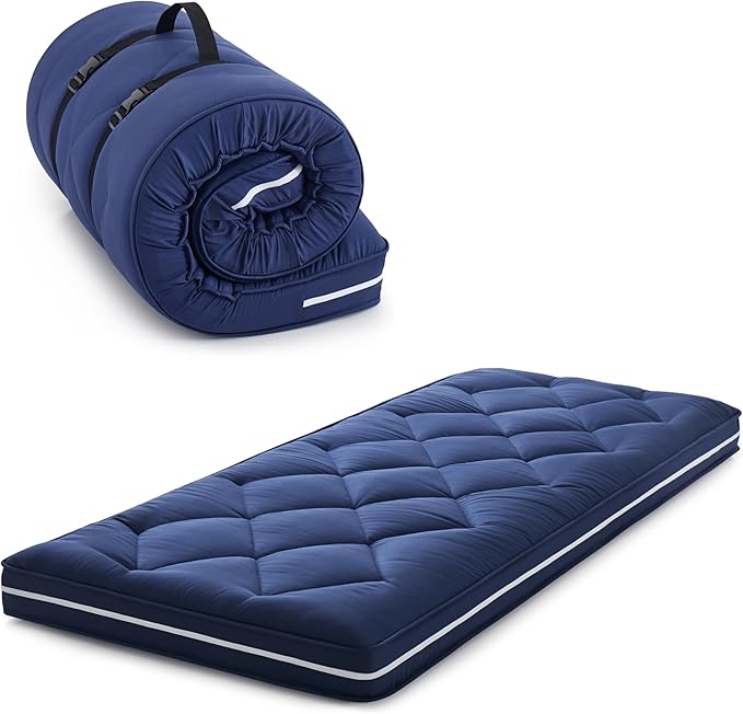 4Inch Floor Mattress,3 Layer Structure Cot Mattress Topper,Gel Memory Foam Futon Mattress,Removable Thickened Cover,Portable Roll Up Sleep Pad (Blue, 75X30)