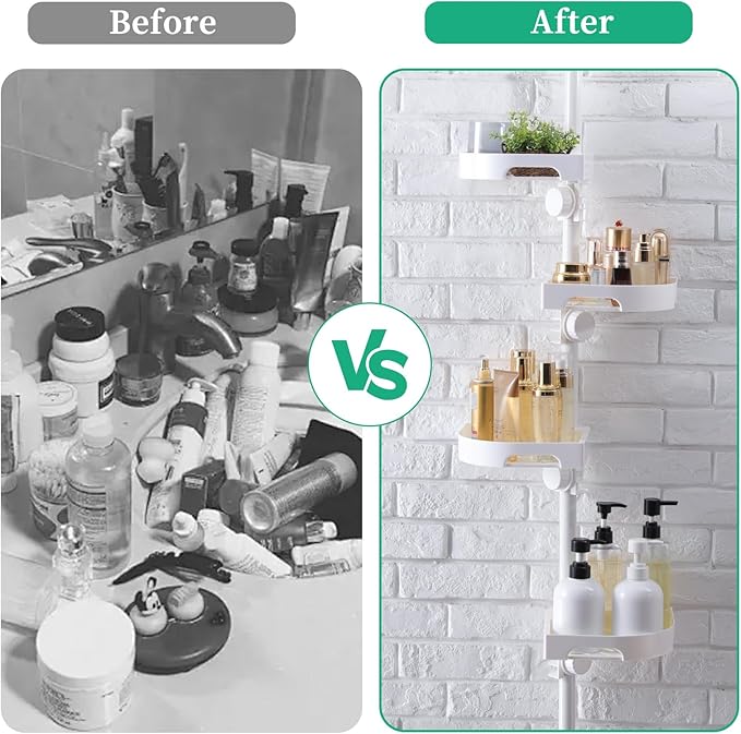 shuang qing 4-Tier Corner Shower Caddy Tension Pole Organizer - Adjustable Rustproof Metal Tension Pole, Plastic Shelves with Safety Guardrail, Bathroom Storage for Shower & Bathtub(White) - Image 7