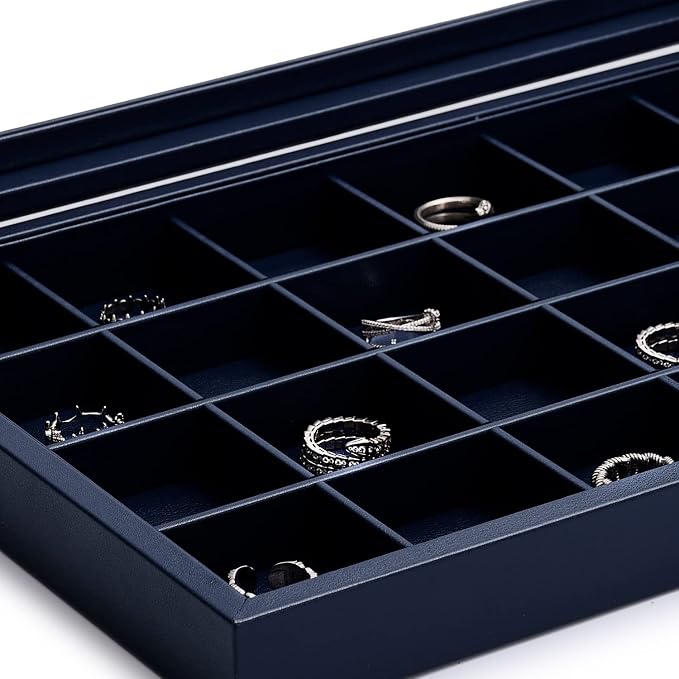 Oirlv Premium Blue Leather 24 Grid Jewelry Tray with Transparent Lid Earrings Rings Organizer Box Stackable Jewelry Box Drawer Inserts Women Gift - Image 3