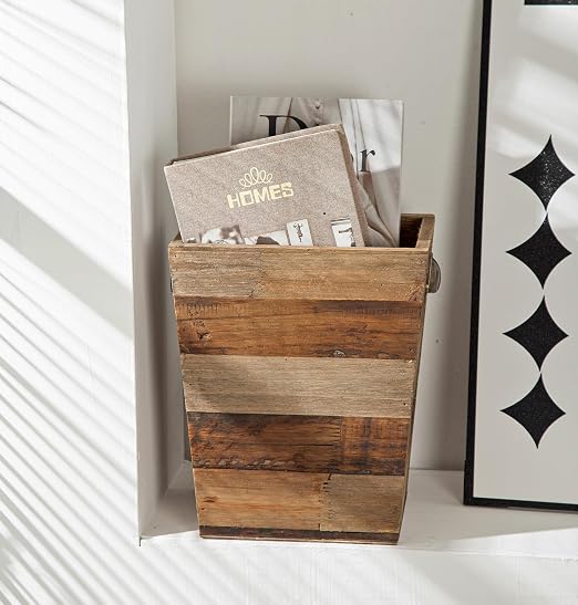 Small Wood Trash Can, Farmhouse Rectangular Garbage Can Waste Basket, Rustic Distressed Reclaimed Wood Wastebasket, Vintage Wooden Trash Recycling Bin Storage Basket with Metal Handles (Natural) - Image 7