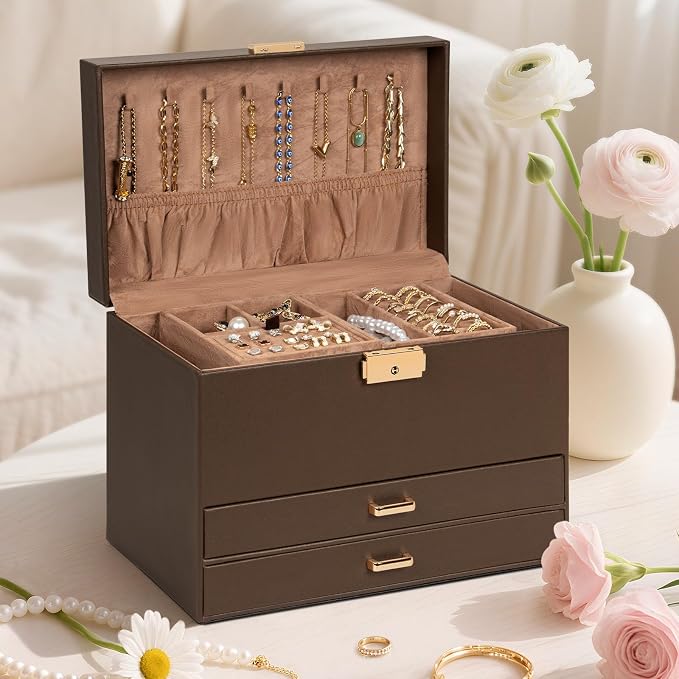 AKOZLIN Travel Jewelry Box Organizer Functional 2-trays Leather Jewelry Storage Case with Lockable Portable 2 Drawers for Women Girls Ring Necklace Earring Bracelet - Image 5