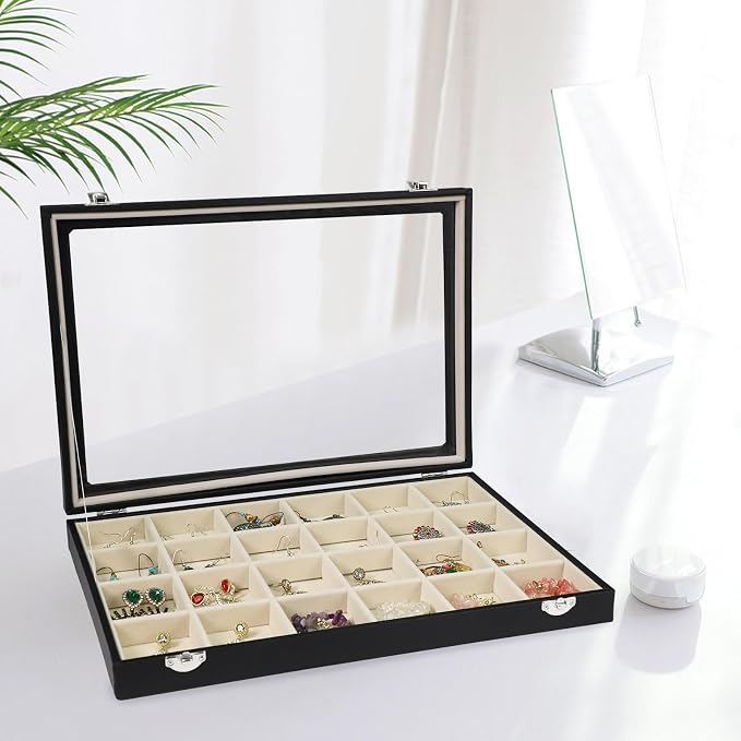 Stratalife Jewelry Tray 24 Grid Earring Organizer with Clear Lid Jewelry Holder Organizer Jewelry Organizer Box Jewelry Storage Crystal Holder For Stones Display (Beige Black) - Image 3