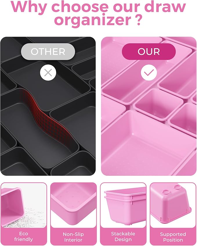 BiuLeon 25 PCS Plastic Drawer Organizers Set, 4-Sizes Vanity and Makeup Organizer, Desk and bathroom Drawer Organizer Trays, Organizers and Storage for Makeup, Jewelry, Gadgets, Utensils(Light Purple) - Image 5