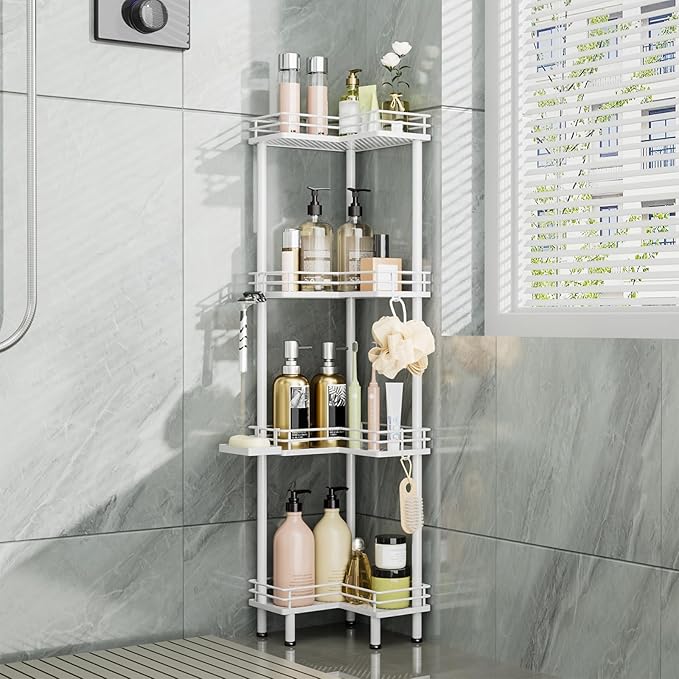 Consumest Corner Shower Caddy Standing - 4-Tier Stainless Steel Shower Organizer with Soap Holder and 4 Hooks, Large Capacity Corner Shelf Stand for Bathroom, Rest Room, White by Consumest