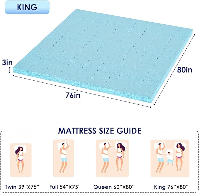 PayLessHere 3 Inch Gel Memory Foam Mattress Topper/Cooling Gel Infused Mattress Topper/CertiPUR-US Certified, King Blue