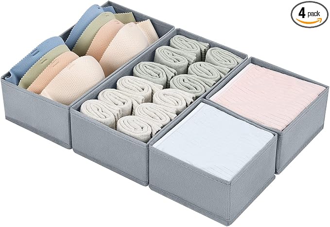 DIMJ Drawer Organizers Clothes, Set of 4 Dresser Organizer Bins, Fabric Closet Organizers and Storage, Shallow Drawer Dividers for Nursery, Clothing, Baby Clothes, Socks, Underwears, Tie (Grey) by DiMJ