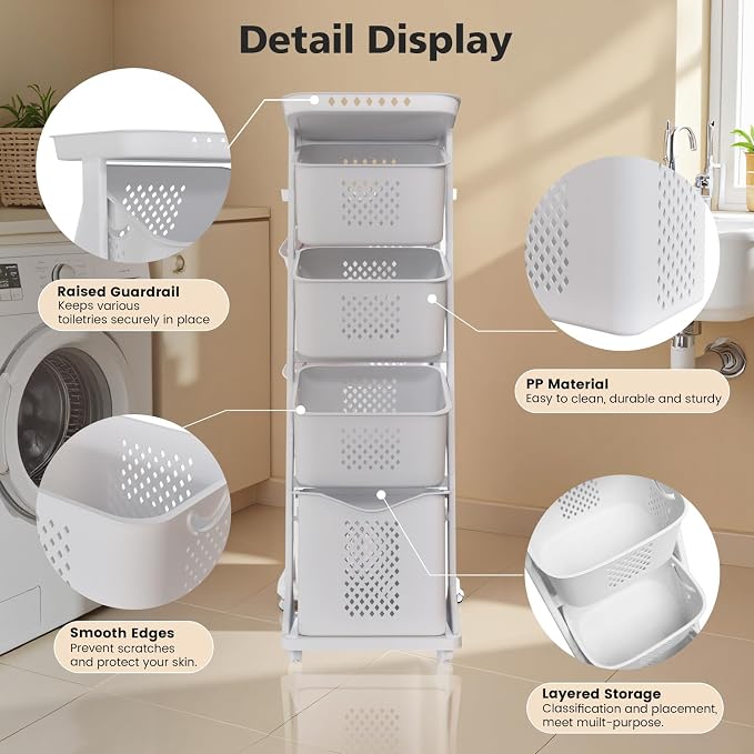 BAOKALER 4-Tier Laundry Hamper Sorter, Vertical Rolling Laundry Baskets with Wheels Removable, Stackable Laundry Cart Organizer and Storage for Small Space, Dorm, Closet, Bathroom - Image 3