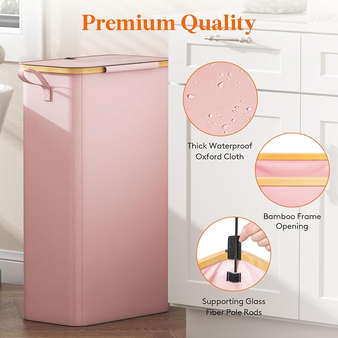 Lifewit 75L Slim Laundry Hamper with Lid, Narrow Laundry Basket with Removable Bag & Bamboo Handles, Fodable Thin Dirty Clothes Hamper for Laundry Collapsible Bin for Bathroom Bedroom Dorm, Pink - Image 7