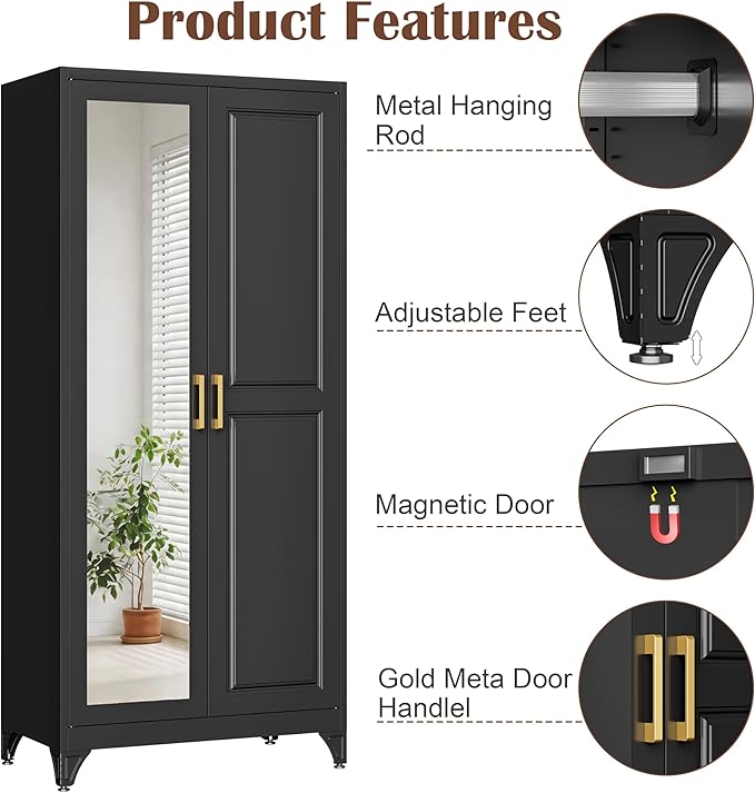 SteeLoong Metal Wardrobe Cabinet with Hanging Rod, 71" Tall Armoire Wardrobe Closet with 2 Mirror Doors and Adjustable Shelves, Black Clothing Storage Cabinets for Bedroom, Laundry Room