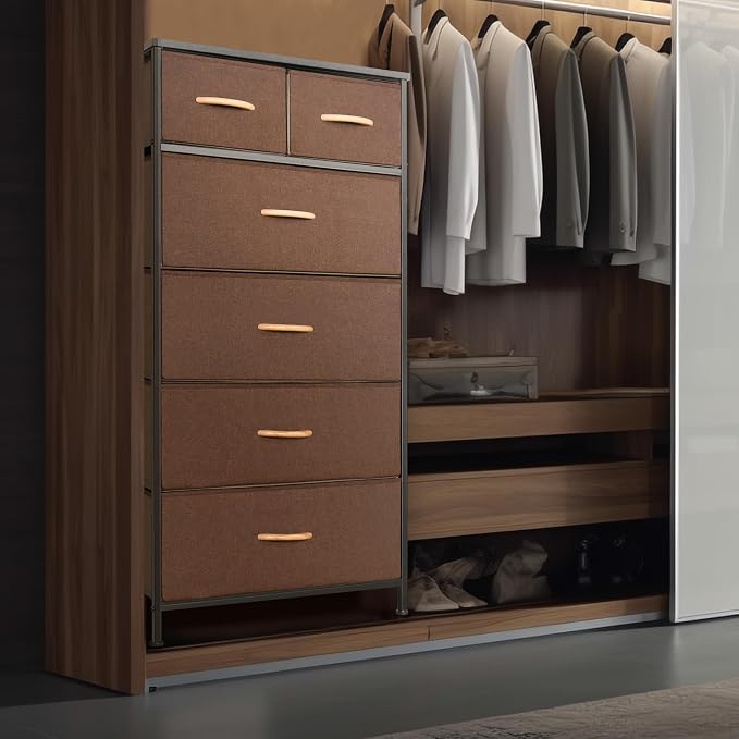Mifuro Tall Dresser for Bedroom, Vertical Storage Organizer Tower with 6 Drawers, Chest of Drawers with Fabric Bins, Steel Frame, Wood Top for Bedroom, Closet, Entryway- Brown - Image 4