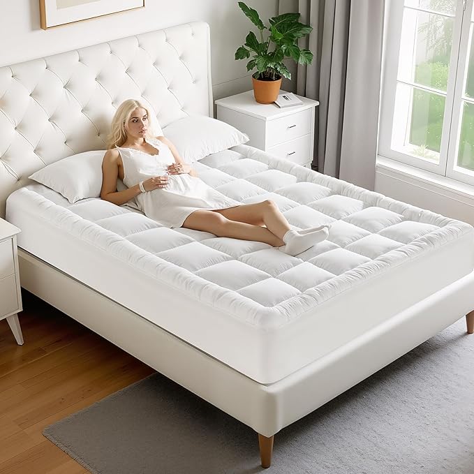 MATBEBY Queen Size Mattress Pad - Cooling Breathable Mattress Topper, Quilted Fitted Mattress Protector, Pillow Top Mattress Cover with 8-21" Deep Pocket, Soft, Machine Washable, White, 60x80 Inches