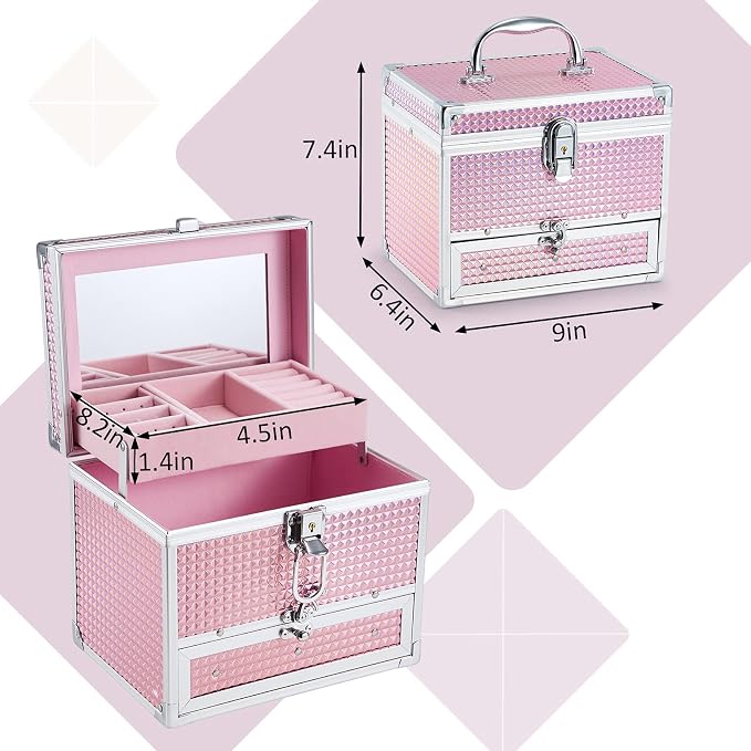 Hododou Girls Jewelry Box Organizer with Drawer & Mirror, Shiny Pink Style Lockable Storage Case for Kid or Little Girls Jewelry and Hair Accessories - Image 7